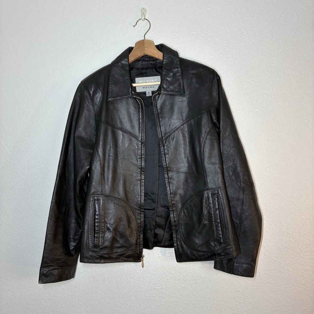 Wilsons Leather Maxima Jacket Womens Medium Black Full Zip Pockets Lined